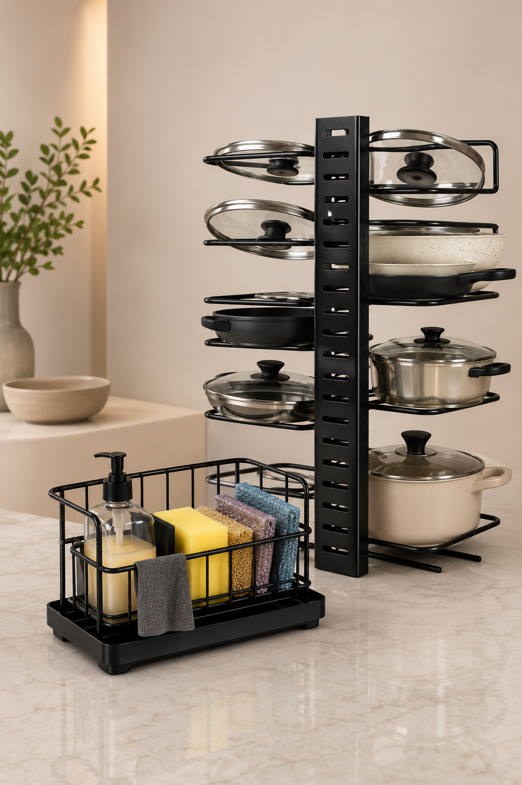 Combo Organizador de Fregadero + Estante de Ollas y Tapas