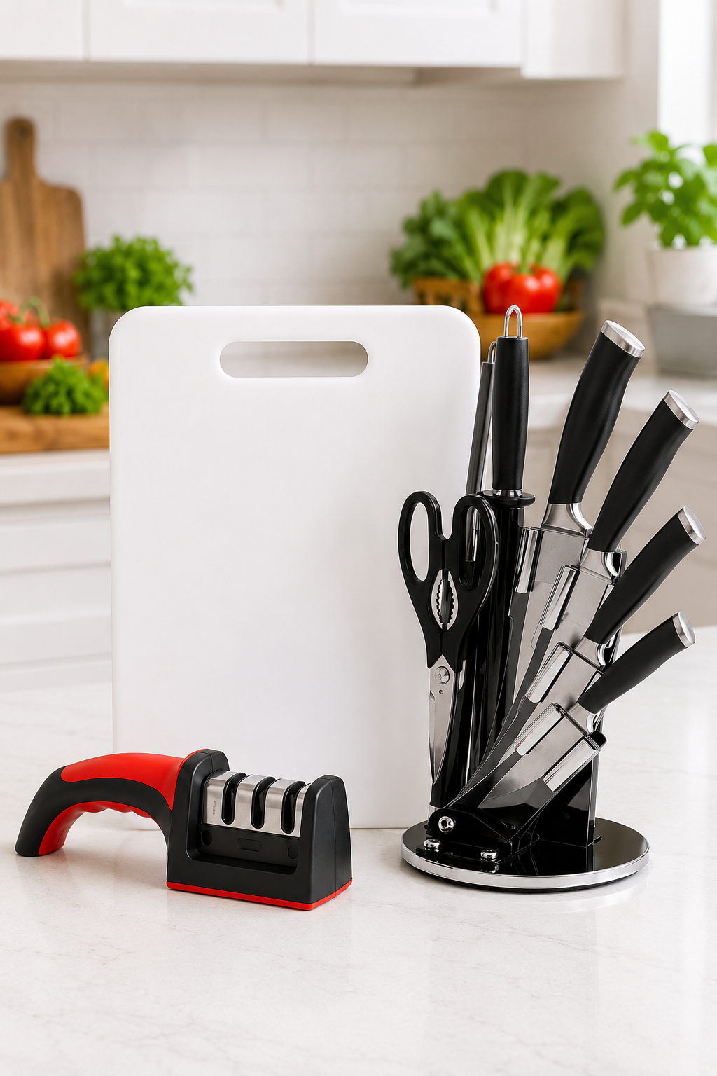 Combo Cocina Pro: Juego de 7 cuchillos + Afilador + Tabla de picar
